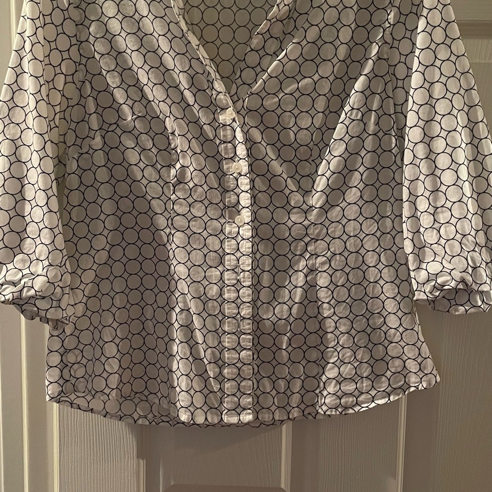 Sz 6 Michael Kors Cotton Puff 3/4 Sleeve Button Down Shirt White/Navy - Picture 8 of 11